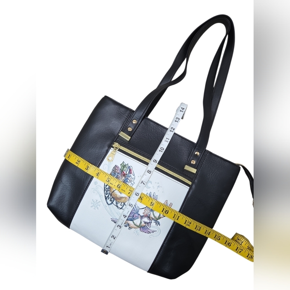 Whimsical Embroidered Christmase Tote Chickadees, Clogs & Sleigh Faux Leather - Picture 13 of 16